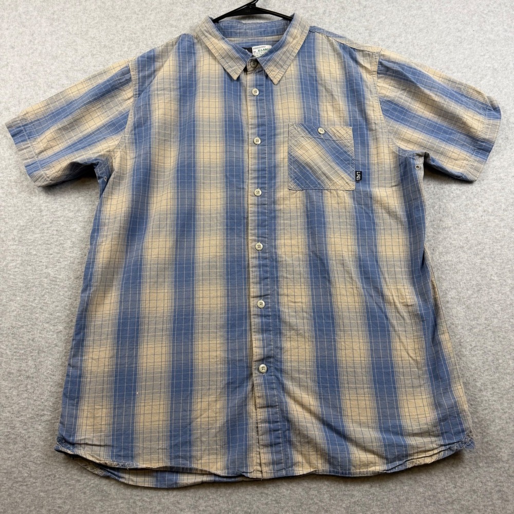 LRG Button Down Shirt Mens XL Blue Tan Plaid Short Sleeve Casual Skater